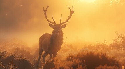 Obraz premium Majestic deer with grand antlers standing in golden sunrise mist of serene forest, captured in vivid detail
