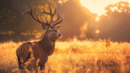 Majestic deer in golden field at sunrise with large antlers and tranquil scene
