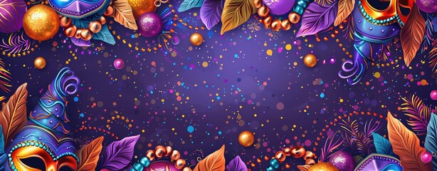 A festive background for Mardi Gras with masks, beads, and carnival elements, leaving space for celebratory text