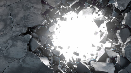 Cracked wall with a large opening, volume light rays bursting through. The fractured structure signifies damage and destruction. Represents escape and the power of breaking through obstacles.