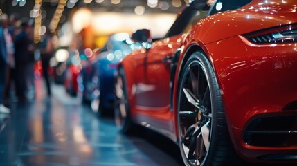 Close-up of red sports car with glossy finish and blurred background showcasing elegance and speed in a futuristic setting