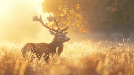 Stunning majestic deer in golden sunlit meadow, surrounded by warm autumn colors. Nature photography showcasing wildlife in peaceful environment.