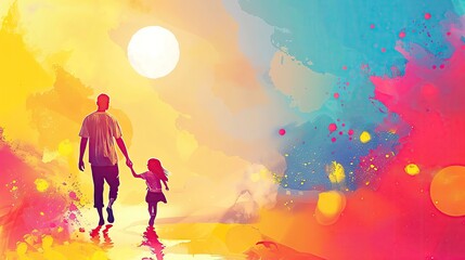 Fototapeta premium A vibrant illustration background for Father's Day featuring a father and child playing with bright colors and ample copy space