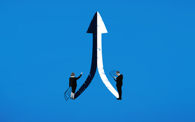 Contemporary art collage. Professionals stands on way where they following forwarding arrows which connected in one road. Concept of business, acquisition, retention, merger, partnership, office.