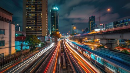 Fototapeta premium road and the light trails of sky train at night
