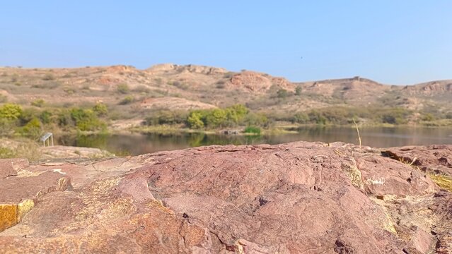 A view of rock in Rao Jodha Desert Rock park situated in Jodhpur- Rajasthan with blur background