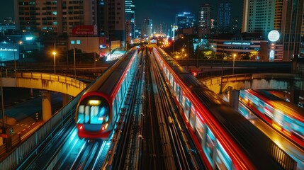 Fototapeta premium road and the light trails of sky train at night