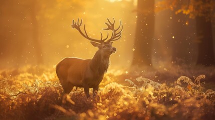 Fototapeta premium Majestic deer standing in a sunlit forest. Autumn leaves glow in golden light. Breathe nature's beauty with this serene landscape image.