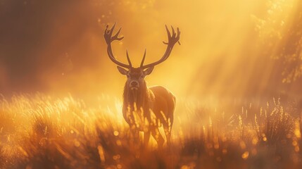 Majestic deer standing in the golden glow of sunrise light, surrounded by a misty forest landscape.