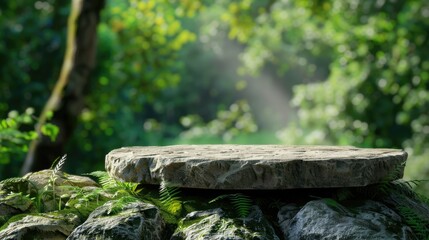 Obraz premium rock pedestal for a product display stand green forest and blurred on the background natural scenery landscape 
