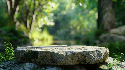Fototapeta premium rock pedestal for a product display stand green forest and blurred on the background natural scenery landscape 