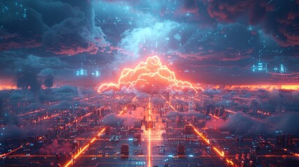 Virtual Reality Futuristic Cloud Infrastructure in High-Tech Blue Neon Lighting Environment