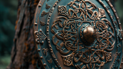 A detailed view of a Viking shield, decorated with intricate Nordic patterns.