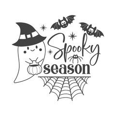 Spooky season Halloween vector quote. Cute ghost vector illustration.  Halloween haunted, boo spooky. Happy Holiday quote funny design isolated on white background.