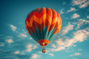 In the vast sky, colorful hot air balloon soars, offering a journey of leisure and adventure