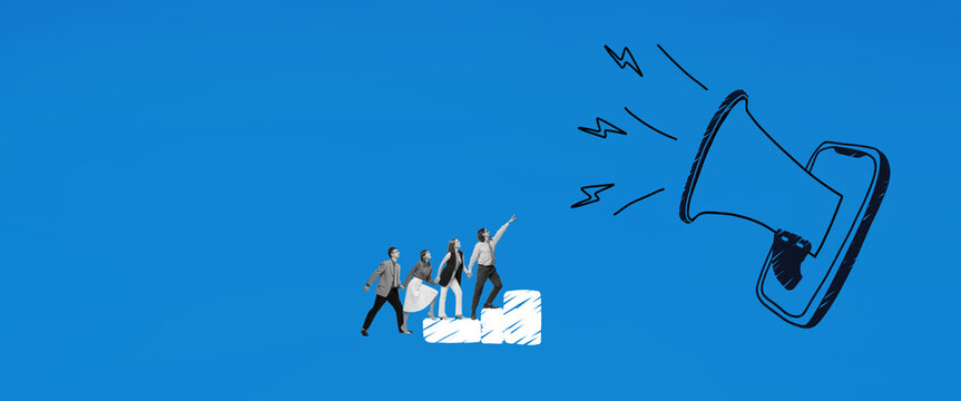 Contemporary art collage. Group of workers stand on steps go up to sketched phone with megaphone. Human resources. Concept of business, acquisition, retention, merger, partnership, office