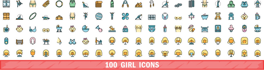 100 girl icons set. Color line set of girl vector icons thin line color flat on white