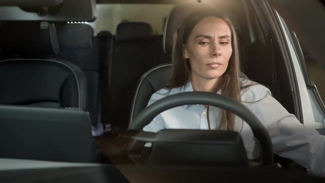Tired exhausted Caucasian girl female woman business lady driver businesswoman fatigued overworked heat busy sit in car automobile conditioner auto relax pause break overload exhale finish work day