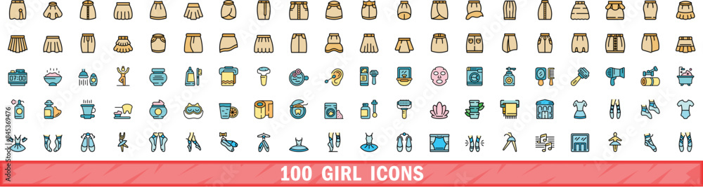 Sticker 100 girl icons set. color line set of girl vector icons thin line color flat on white - Stickers