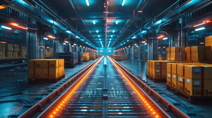 Fototapeta premium Advanced Industrial Warehouse with Automated Conveyor System and Vibrant Modern Logistics, High Detail Capture