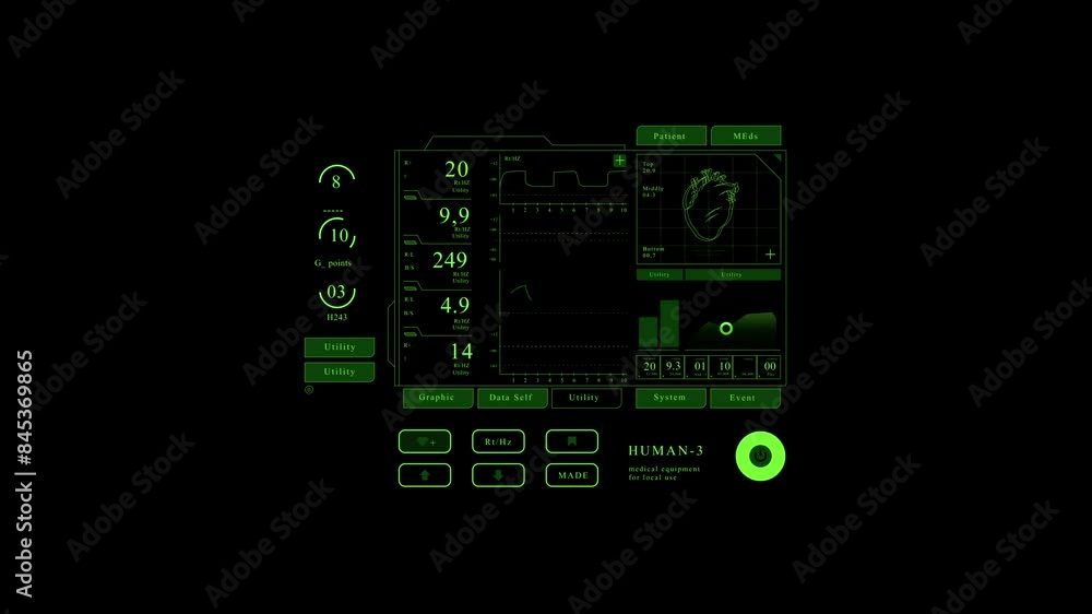 Poster medical hud display showing heart data and infographic instruments. computer graphic vfx