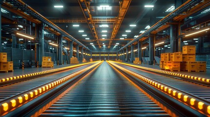 Futuristic Warehouse Automation: Vibrant Package Sorting on Conveyor Belts