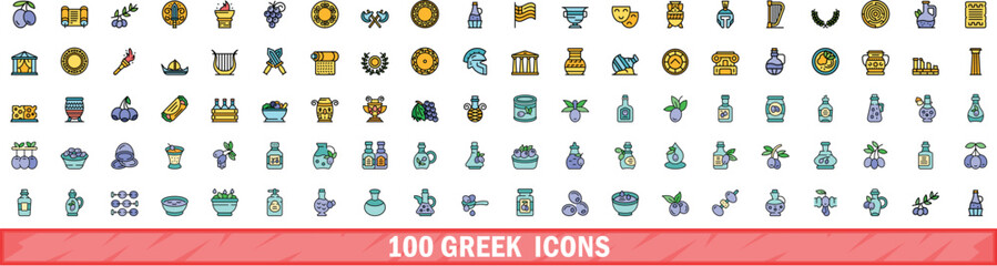 100 greek icons set. Color line set of greek vector icons thin line color flat on white