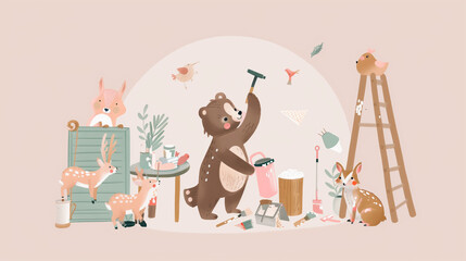 Adorable Woodland Animals Crafting - Cute Cartoon Illustration