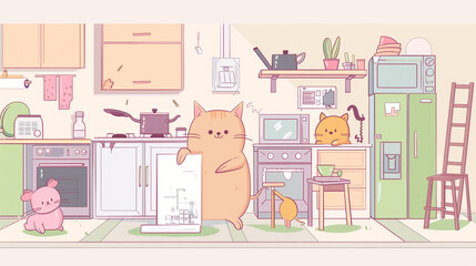 Charming Cats and Rabbit in Kitchen - Cute Cartoon Illustration