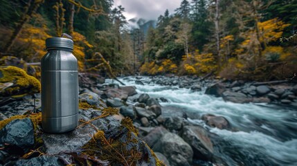a metal water bottle adorned with carvings, resting on a rock in a forest, with blurred rocks and trees creating a serene backdrop.