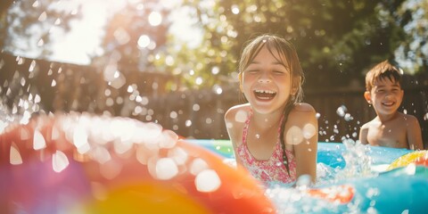 Children splashing in a pool, enjoying a playful summer day with family.