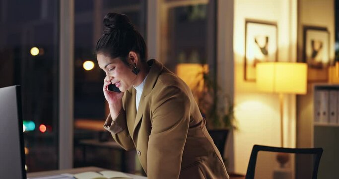 Business woman, discussion and night with phone call for proposal or report on computer at office. Female person, consultant talking or working late on mobile smartphone for conversation at workplace