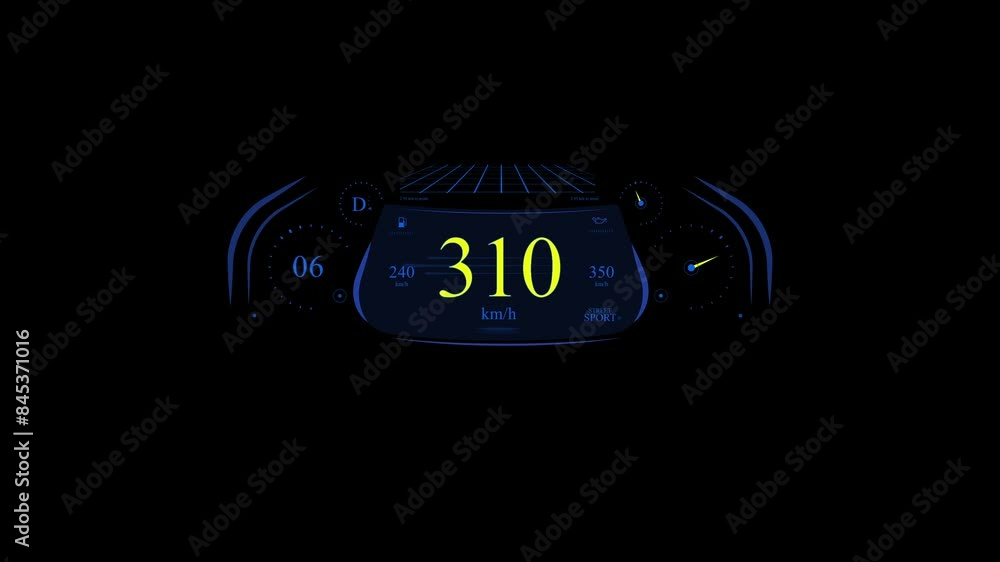 Poster futuristic hud dashboard showing speedometer with increasing speed. computer graphic vfx