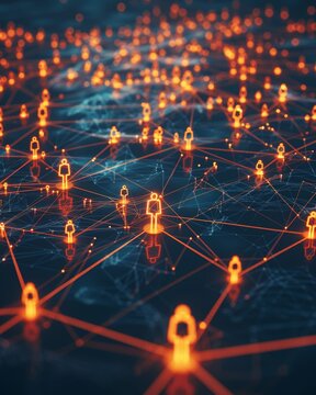 Digital illustration of interconnected human figures and padlocks on a network, symbolizing cybersecurity and social media
