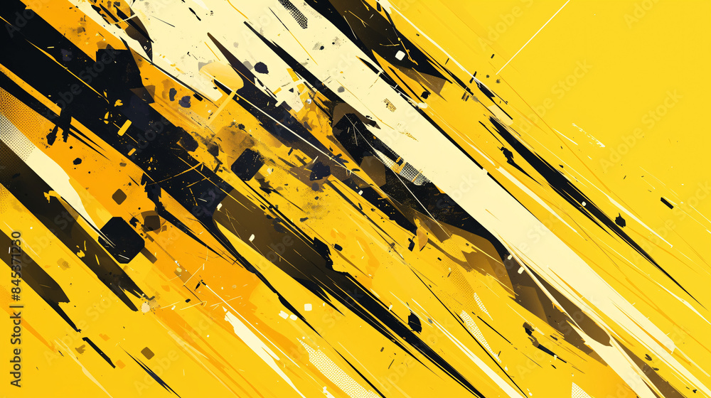 Aufkleber abstract design with dynamic diagonal streaks and splatters of black and white paint over a bright y