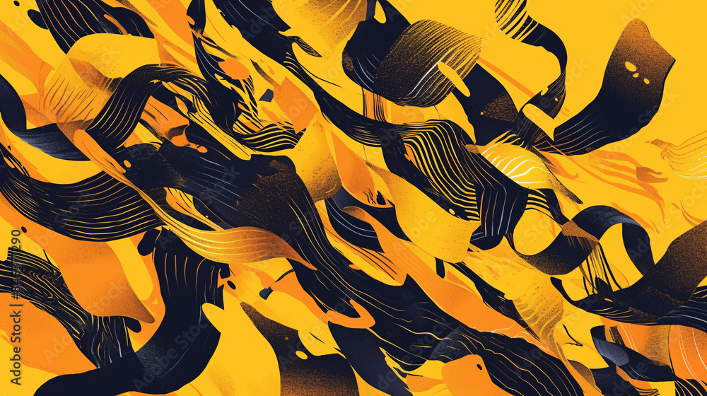 Aufkleber abstract design with flowing ribbon-like shapes in black and orange against a yellow background, dyn
