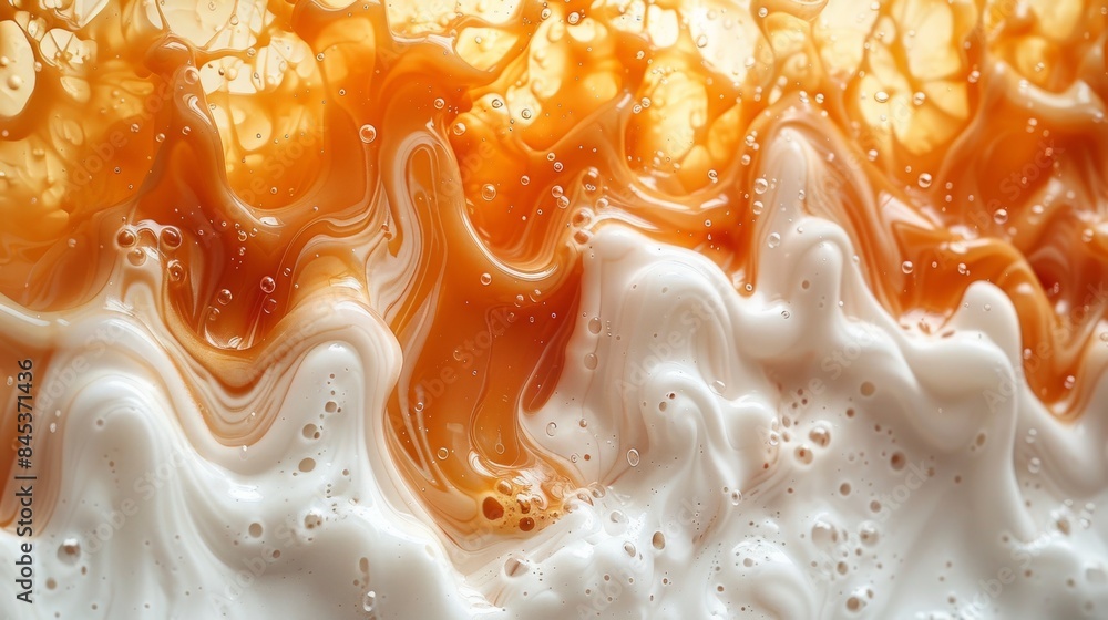 Poster macro image captures the swirling dynamics of caramel and cream in coffee, resulting in a visually s