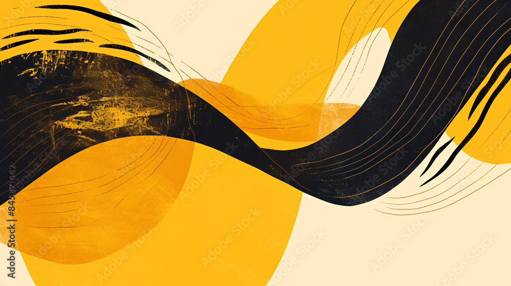 Poster abstract design with curving shapes and lines in yellow, black, and white, dynamic swirls and stroke