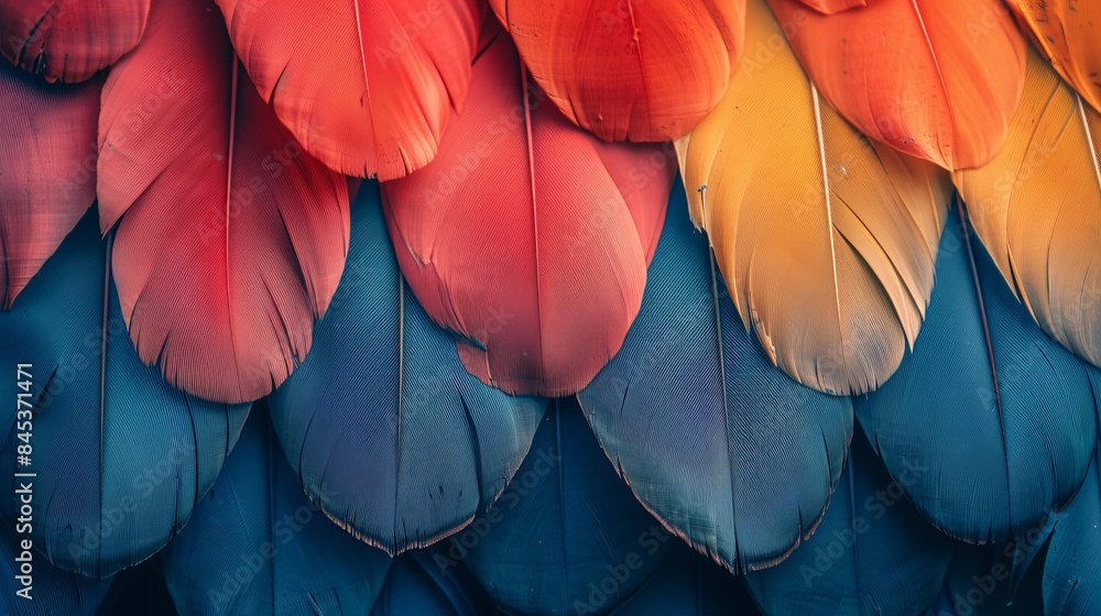 Poster a vibrant close up that captures the beautiful array of colors and details in a formation of feather
