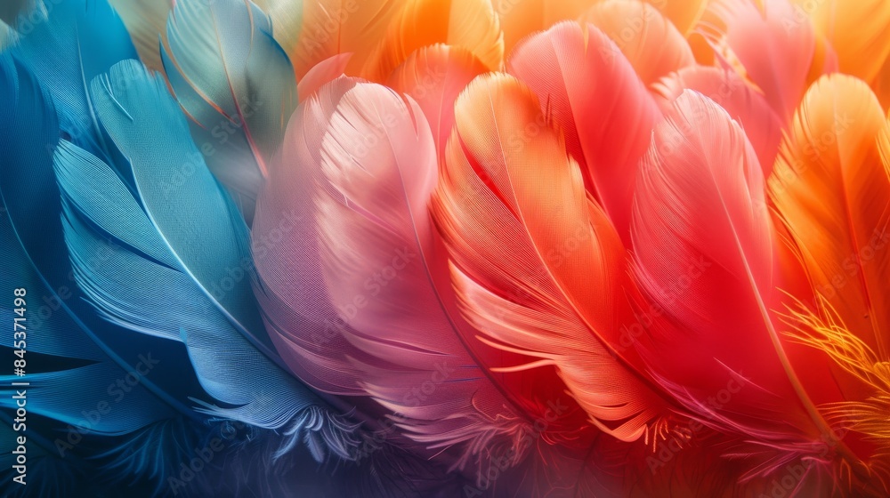Poster this image shows a close-up macro of overlapping bird feathers with a captivating color gradient
