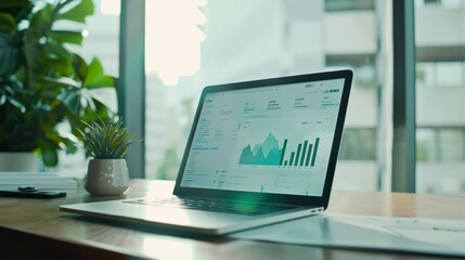 Laptop with financial charts in green office room