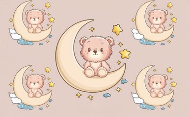 A pattern with cute teddy bears on the moon. Seamless pattern. Cute background.