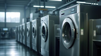 Row of High-End Washing Machines in Industrial Laundry Room, Sunlit and Modern