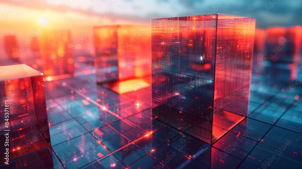 Poster red and blue data blocks pulse with light and energy in a cyberspace representation of data and tech