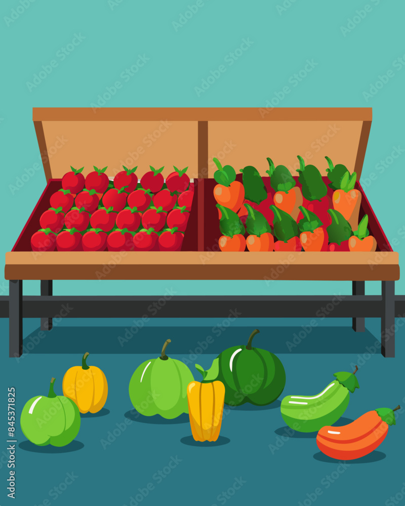 Poster an empty produce section with only a few wilted vegetables and pickedover fruits left behind.. vecto