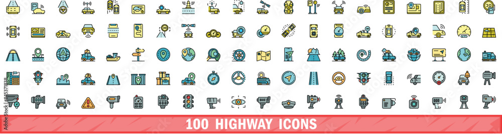 Poster 100 highway icons set. color line set of highway vector icons thin line color flat on white