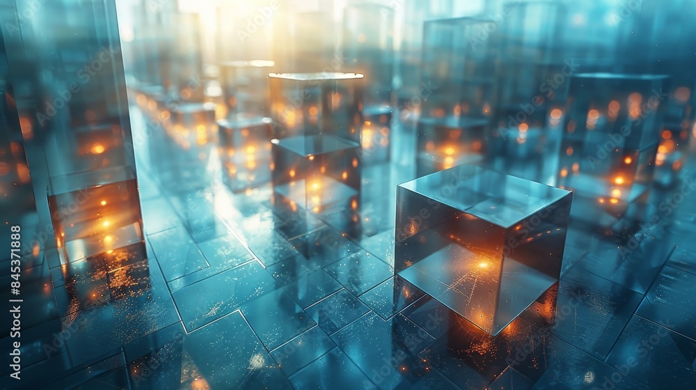Poster the image showcases a vibrant abstract arrangement of cube structures with soft lighting