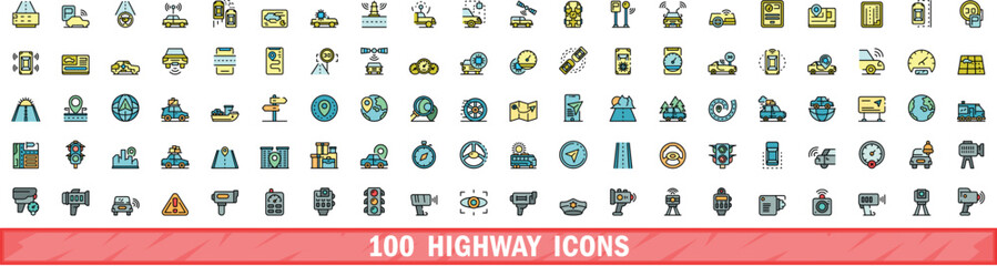 100 highway icons set. Color line set of highway vector icons thin line color flat on white