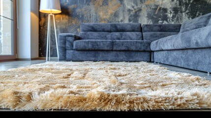 Modern living room interior with beige carpet and grey sofa, closeup.