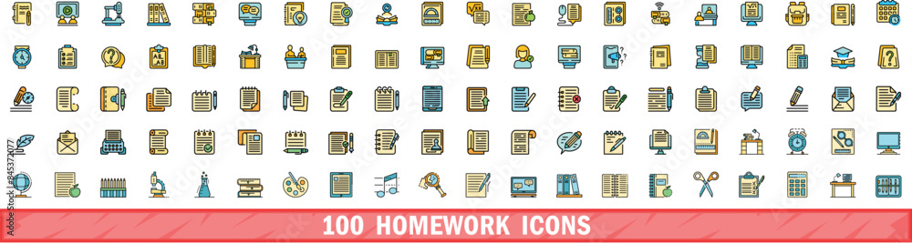 Poster 100 homework icons set. color line set of homework vector icons thin line color flat on white